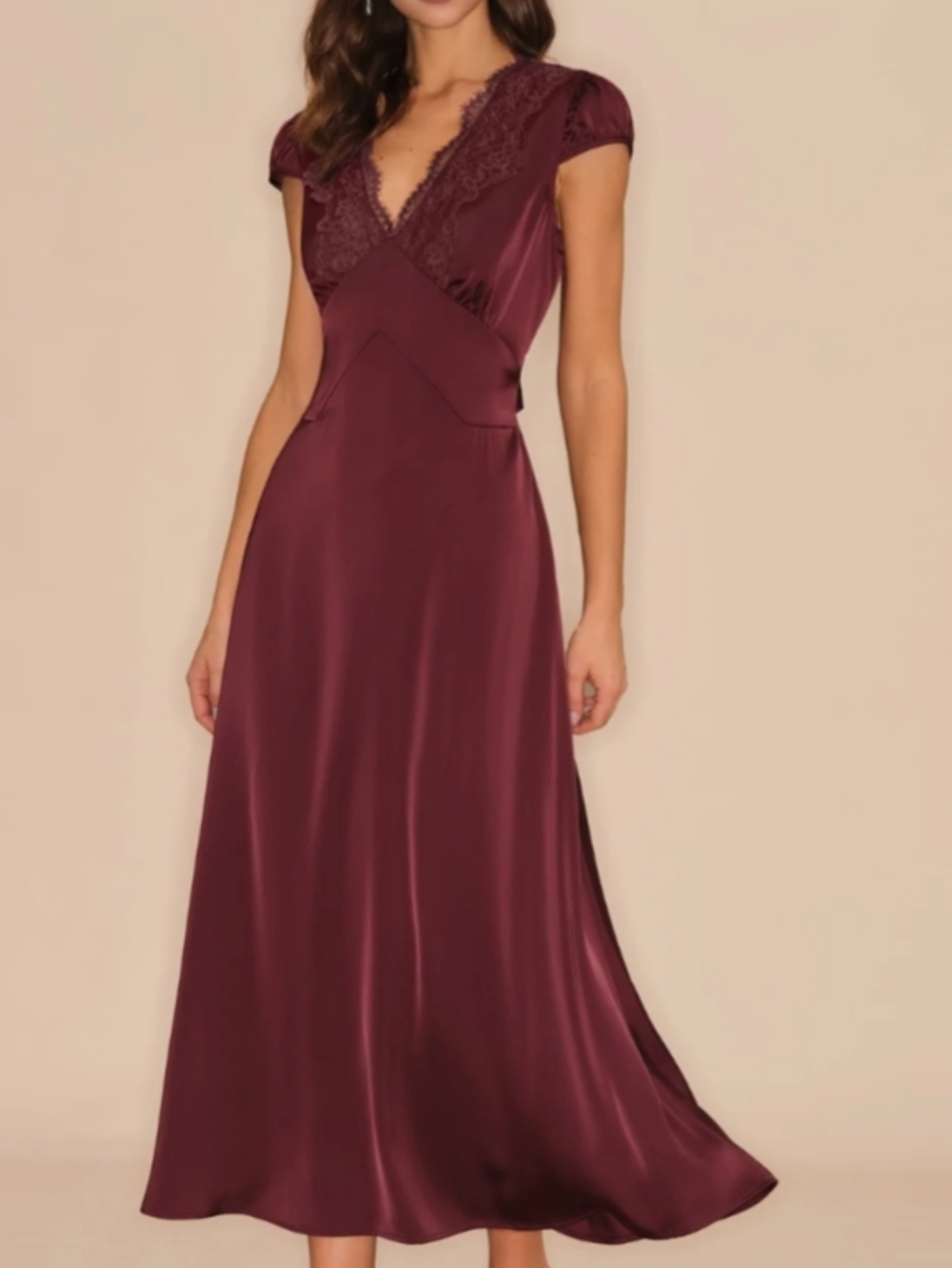 Elegant Lace-Trim Satin Maxi Dress - Deep Burgundy